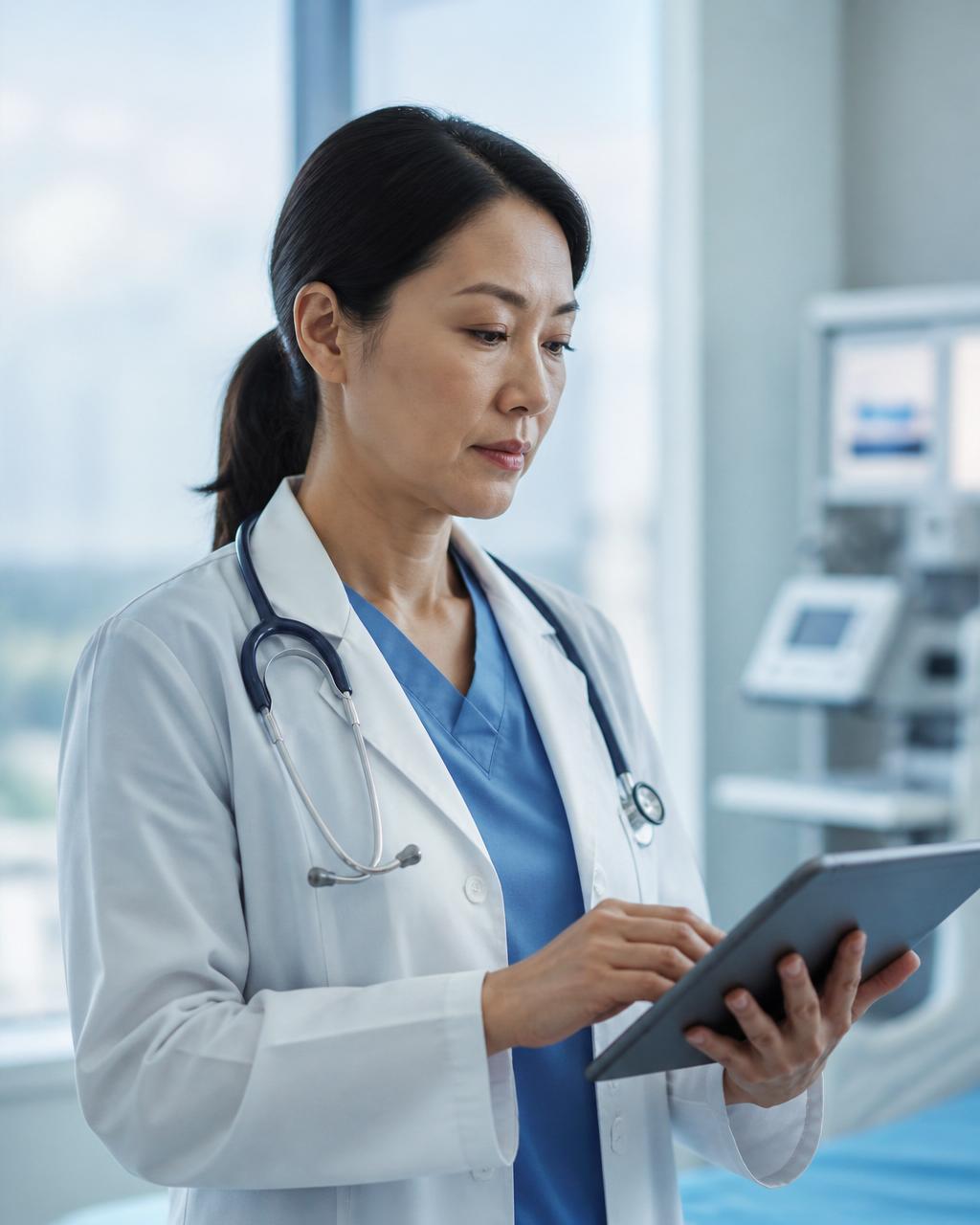 A healthcare professional in a modern clinical setting reviewing information on a tablet