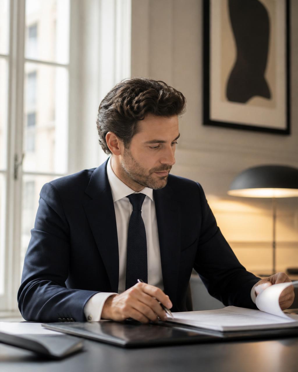 A legal professional at a warm-lit desk in a modern European office reviewing a document