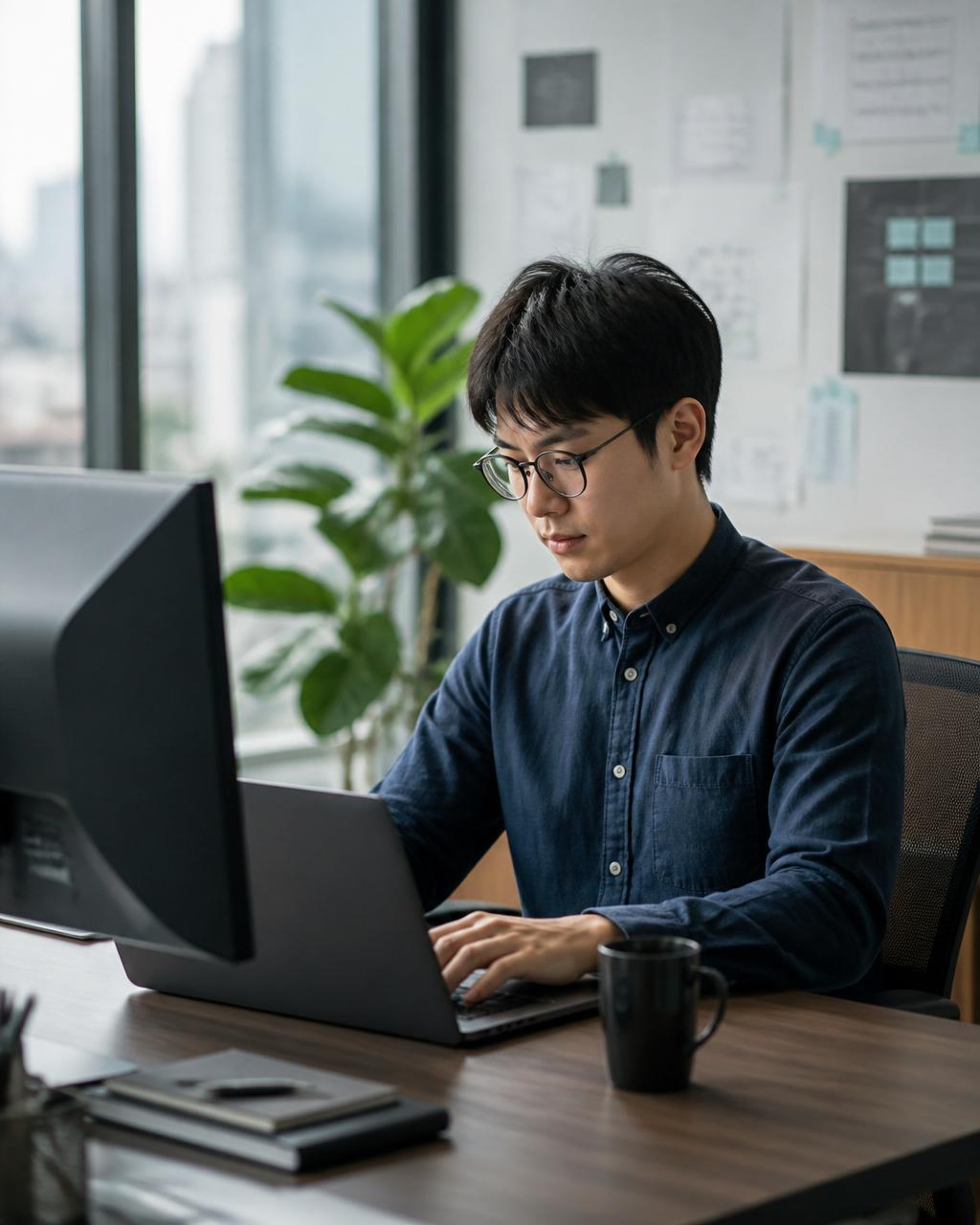 A technology professional working at a laptop in a bright modern workspace in an Asian city