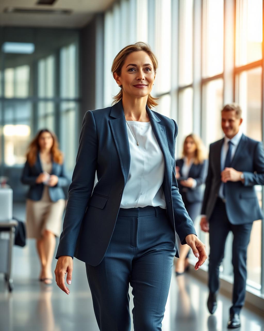 A confident business leader walking through a bright modern workplace with colleagues in the background