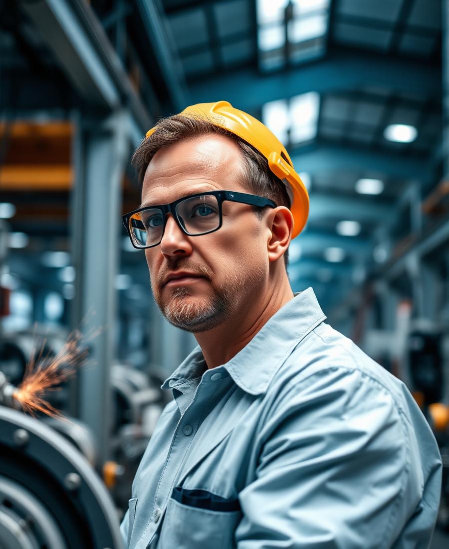 An engineer in safety gear inside a modern manufacturing environment
