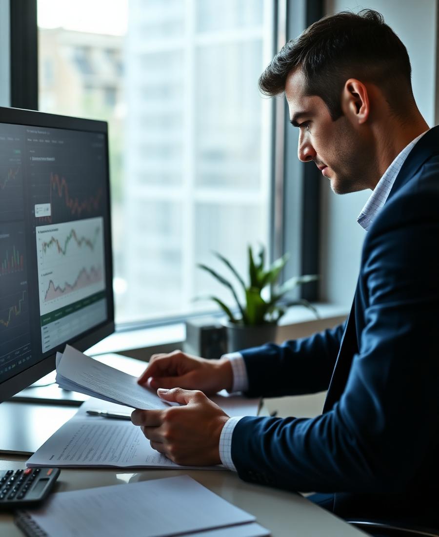 A finance professional reviewing documents at a desk by a window