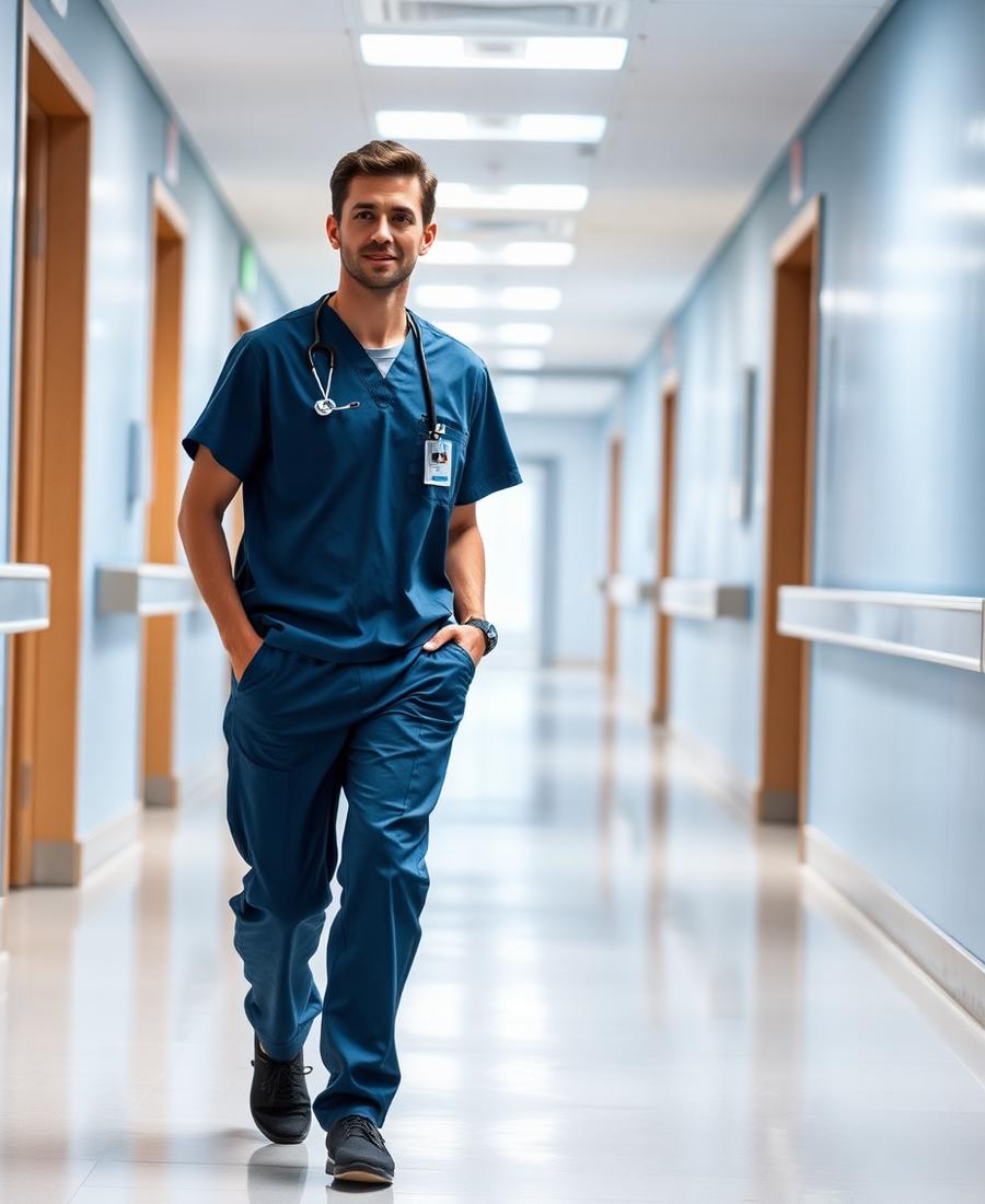 A healthcare professional walking through a bright clinic corridor