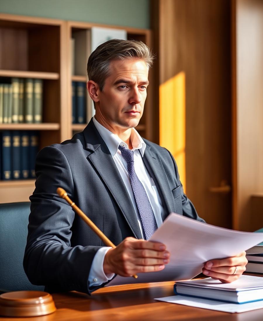 An attorney reviewing documents in a warmly lit modern law office