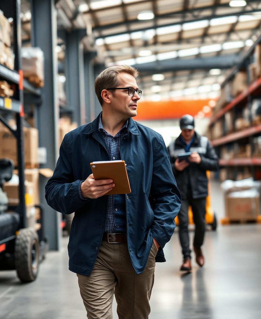 An operations leader carrying a notepad while moving through a working environment