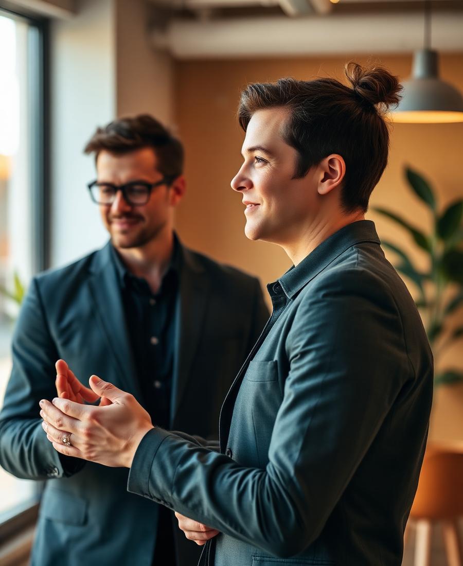 Two colleagues in a warm, natural business conversation in a modern workspace
