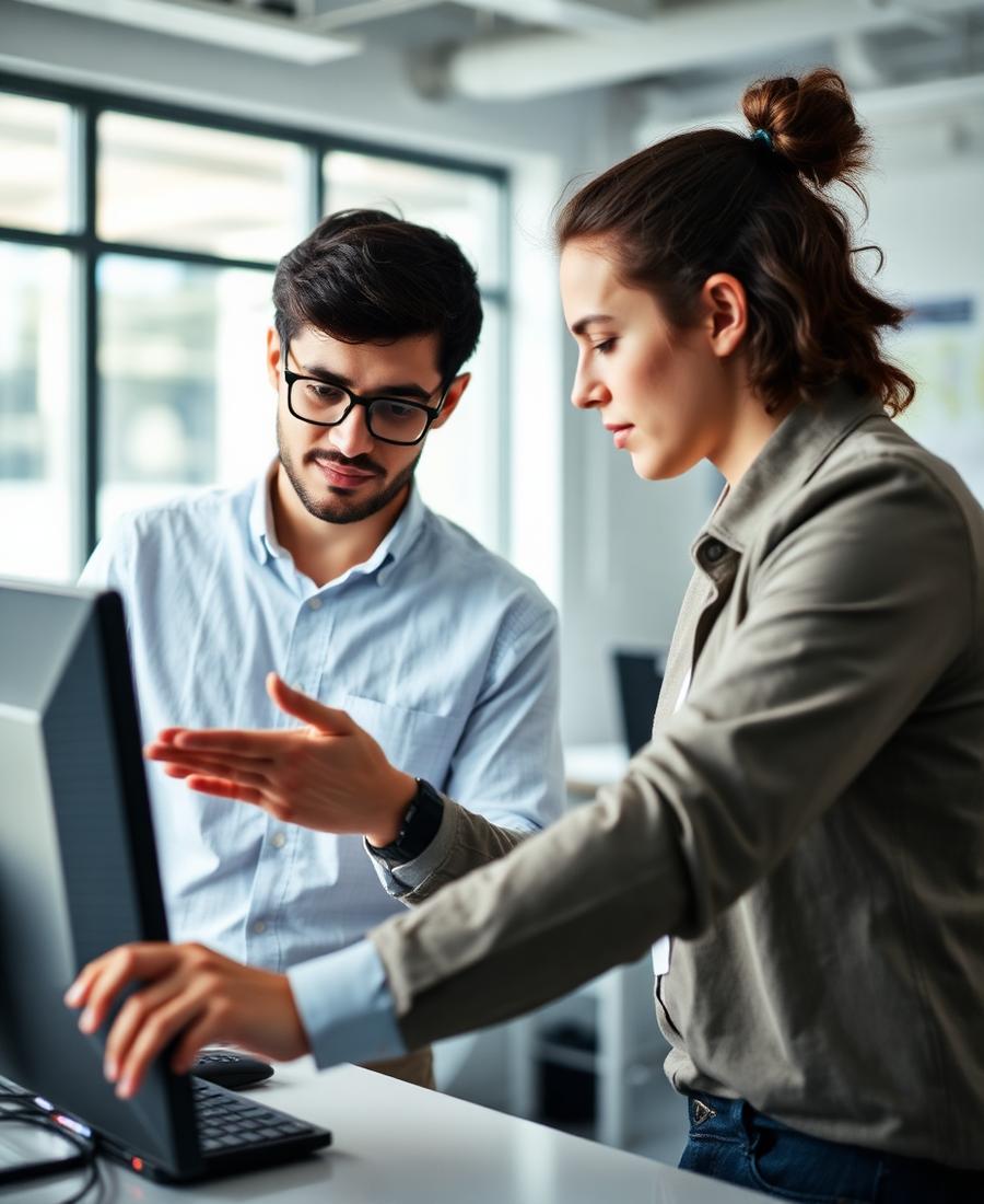Two teammates collaborating over a monitor in a modern technology workspace