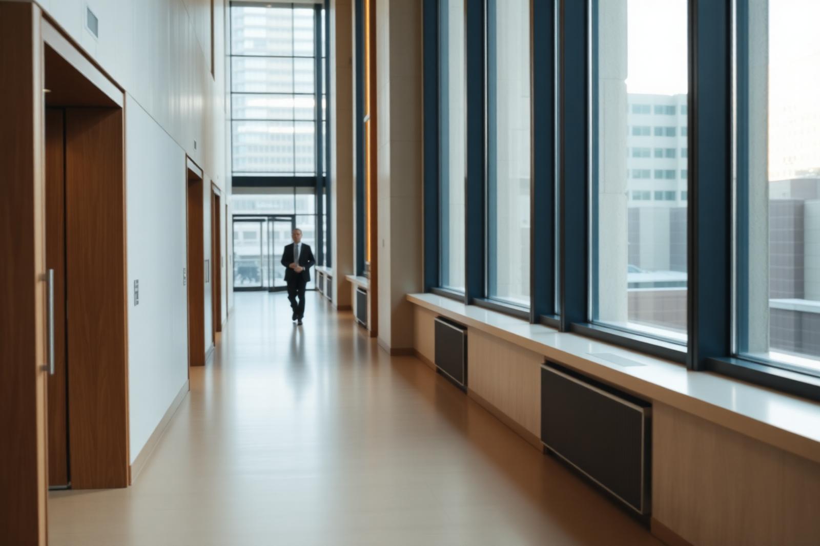 A bright modern professional-services corridor with warm daylight