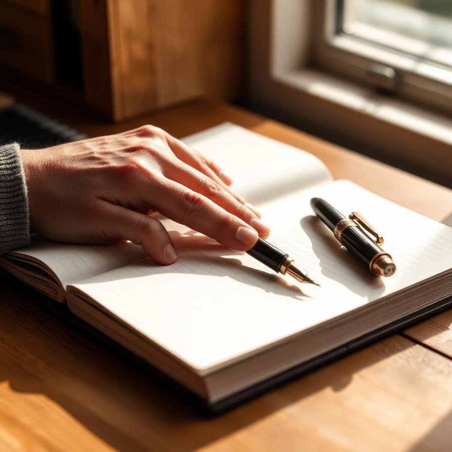 A hand and open notebook with a fountain pen on a warm wooden desk