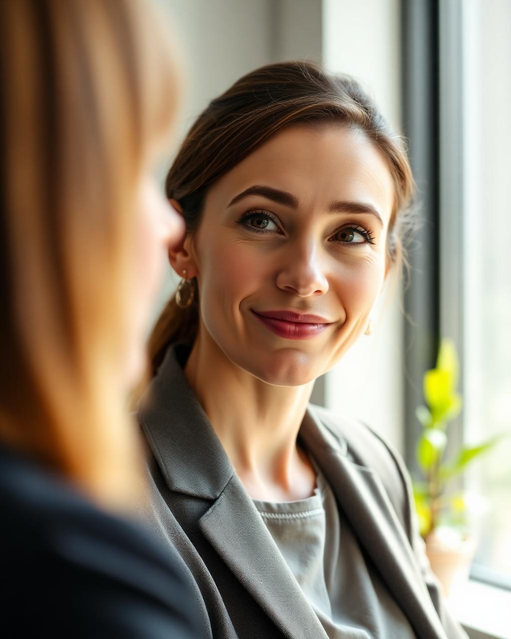 A professional listening attentively during a workplace conversation