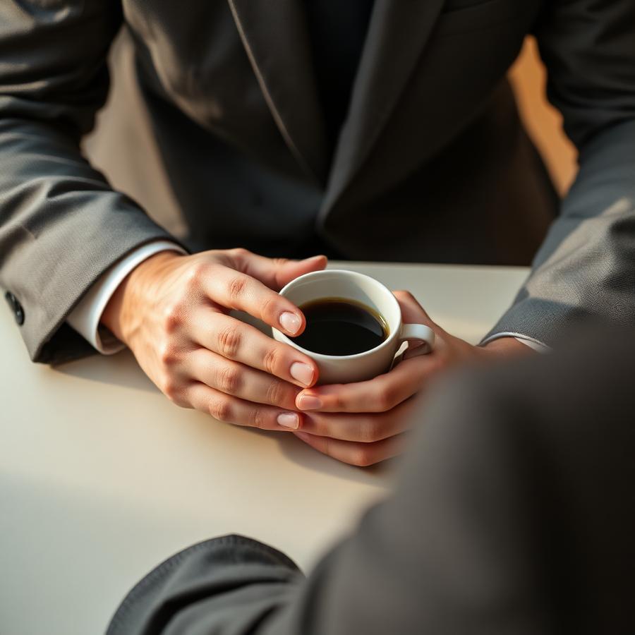 A candidate holding a coffee cup with both hands while preparing for a meeting