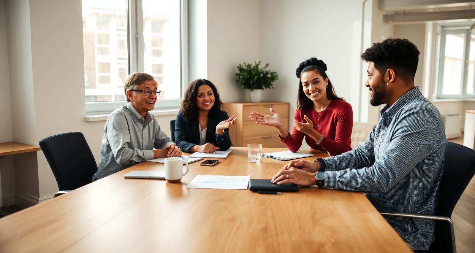 A small diverse team working together around a wooden table in a bright office