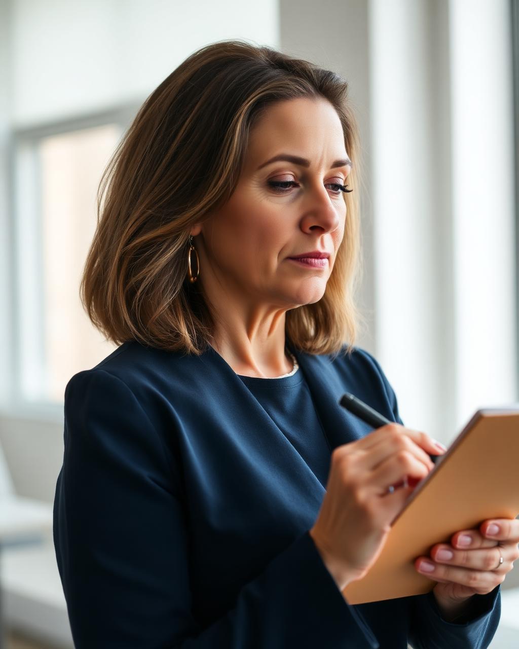 A hiring leader reviewing candidate notes on a notepad in a bright office