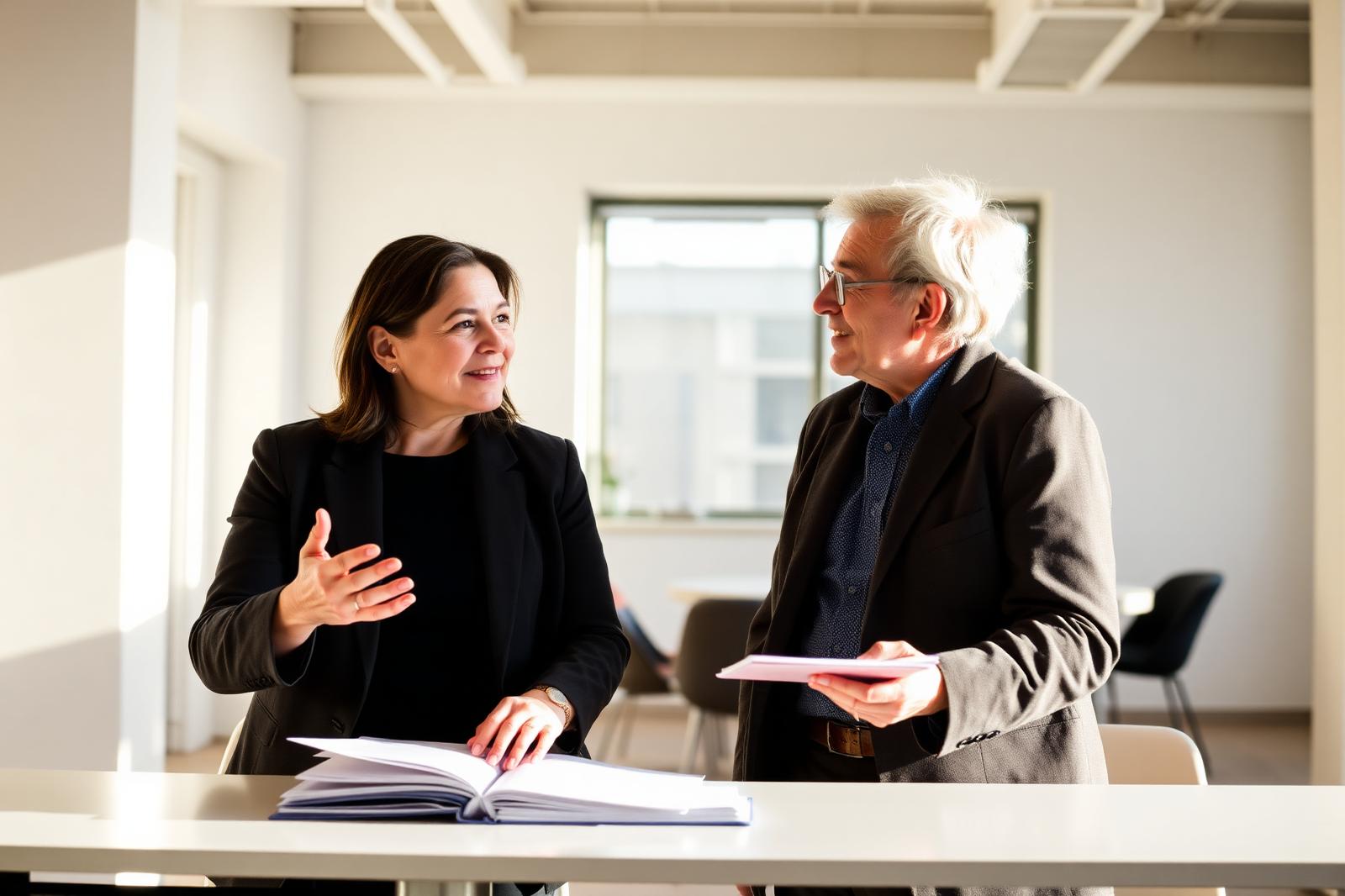 Two hiring leaders in a focused meeting discussing a role