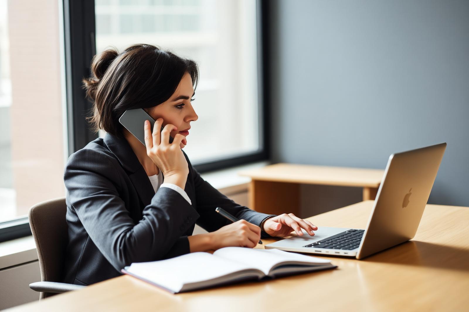 A recruiter making notes during a focused phone conversation at her desk