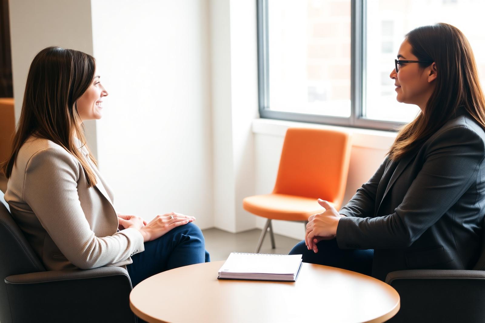 A recruiter and a candidate in a one-on-one conversation across a small table
