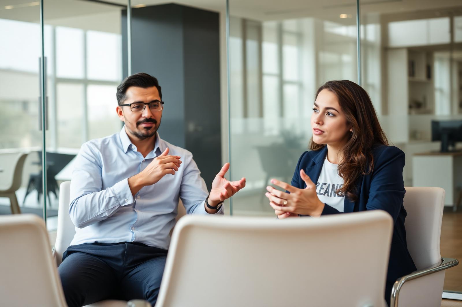 A hiring manager and a candidate in a thoughtful interview in a glass-walled meeting room