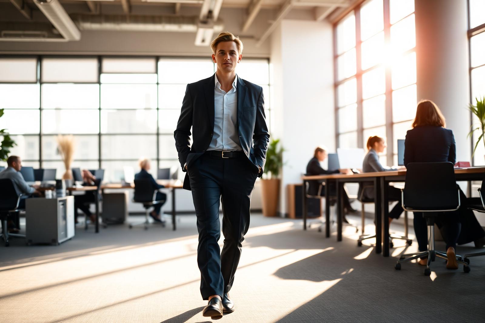 A new professional walking into a bright modern workplace on their first day