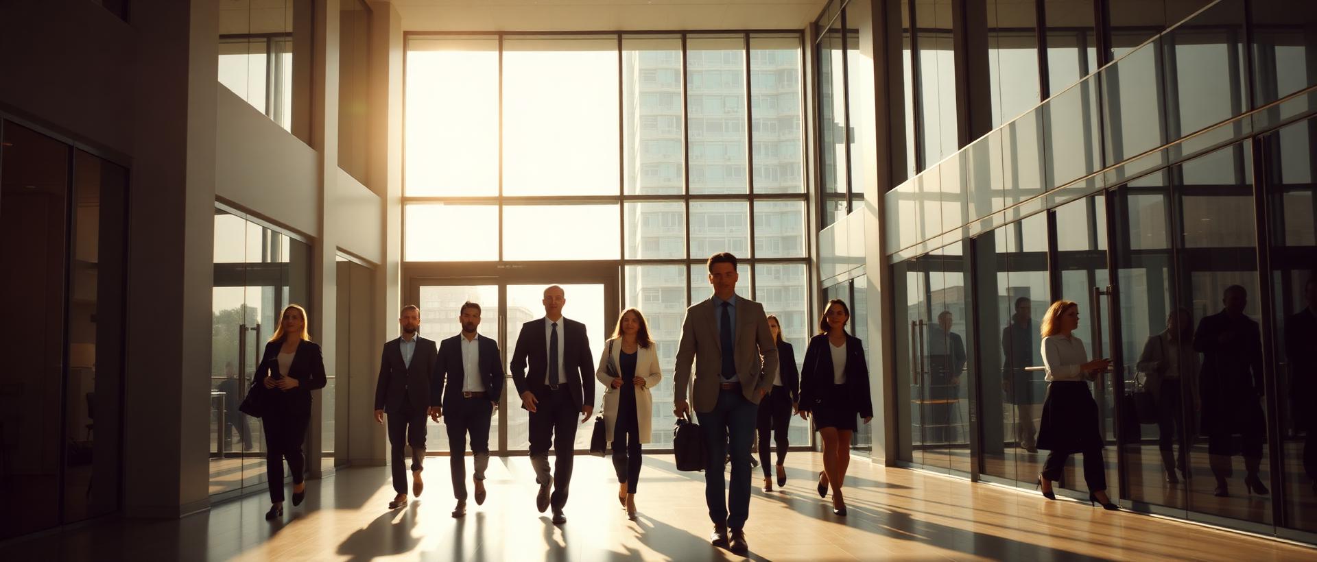 A group of diverse professionals walking through the atrium of a bright modern workplace